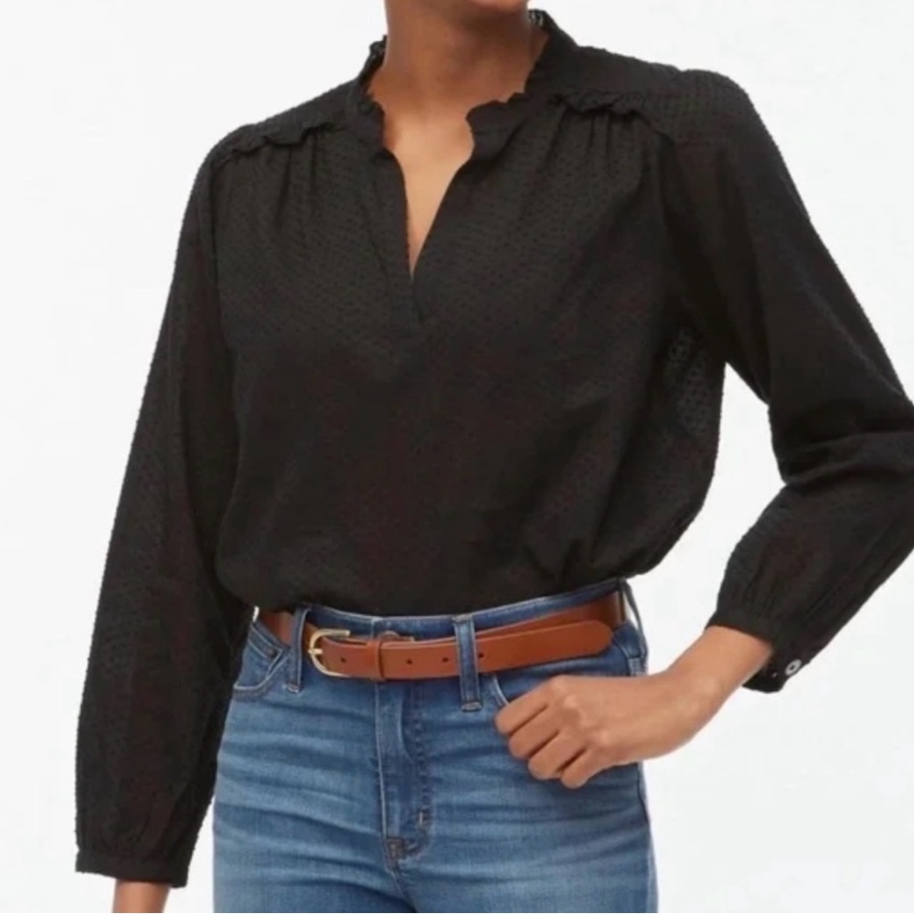 J. Crew Black Swiss Dot Ruffled Popover Blouse M